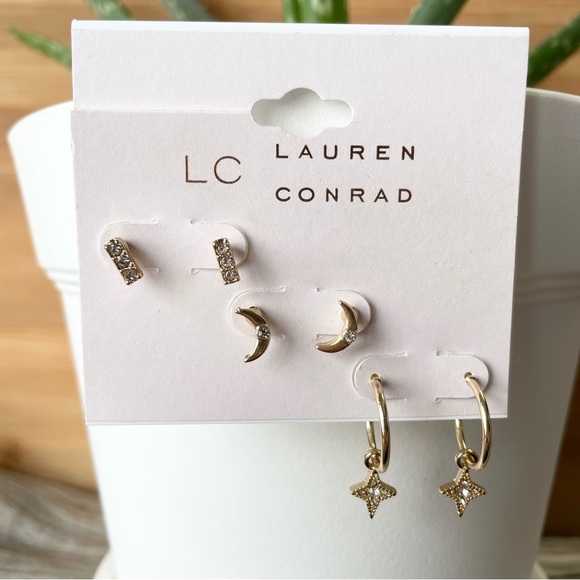 NWT LC LAUREN CONRAD Moon stud star hoop stud earrings, three pairs included - Picture 9 of 10